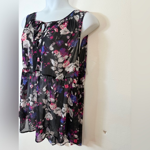 Torrid Black and Pink Floral Tie Notch Collar Sheer Blouse SKU051 - Picture 3 of 9